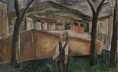 a painting of a man standing in front of a building