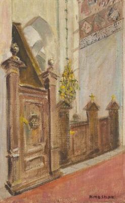 painting of a painting of a church with a clock on the wall