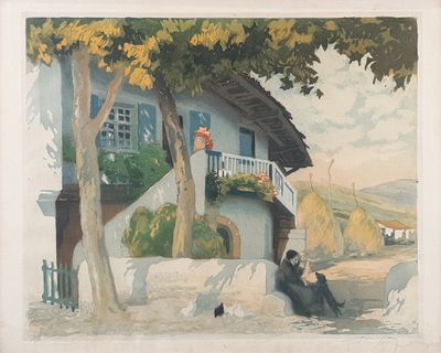 un tableau représentant un homme assis sur un banc devant une maison