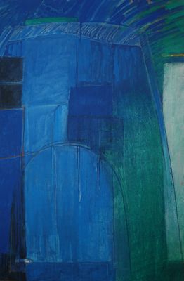 abstract painting of blue and green shapes on a blue background