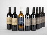 six bouteilles de vin sont alignées sur une surface blanche