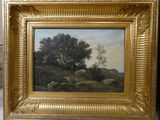 painting of a landscape with trees and sheep in a gold frame