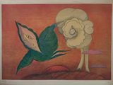 an image of a painting of a bird and a flower on a red background