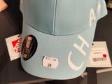 the cap is blue and white with a white logo on it