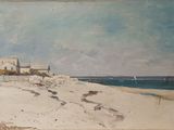 un tableau représentant une scène de plage avec une église en arrière-plan