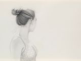 drawing of a woman in a white dress standing in front of a white wall