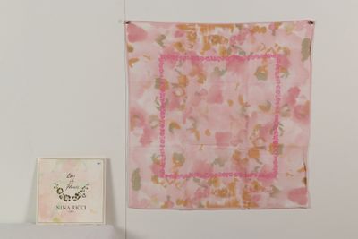 a pink scarf hanging on the wall next to a picture frame