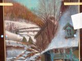 a picture of a painting of a house in the snow