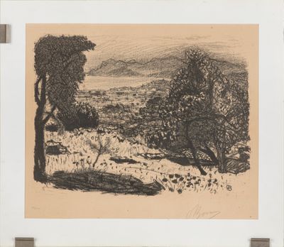 l'image d'un dessin d'un paysage avec des arbres au premier plan