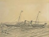 a drawing of a boat in the water with a flag on it