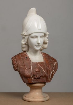 marble bust of a woman wearing a helmet on a pedestal