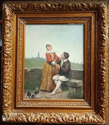 tableau représentant un homme et une femme assis sur un banc avec un chien