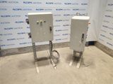 pair of two electrical enclosures in front of a wall with a sign behind them