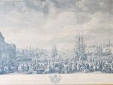 painting of a large group of people standing in front of a harbor