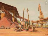 une peinture à l'huile représentant un grand tas de sable à côté d'un bâtiment