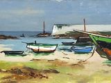 painting of boats on a beach with a blue sky in the background