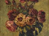 une peinture de fleurs dans un vase bleu sur une table
