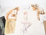 many drawings of a woman sitting on a chair