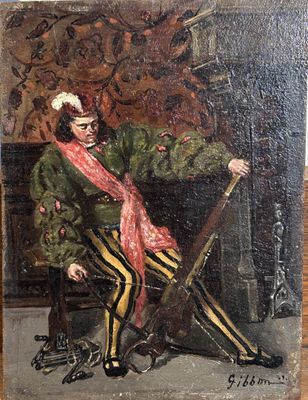 tableau représentant un homme assis sur une chaise, tenant un fusil