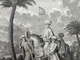 un vieux dessin représentant un homme à cheval, accompagné d'une femme et d'un autre homme à cheval