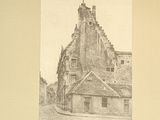 a picture of a drawing of a building on the street