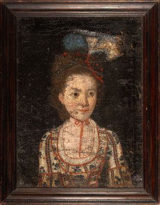 a painting of a woman in a red dress with a blue hat