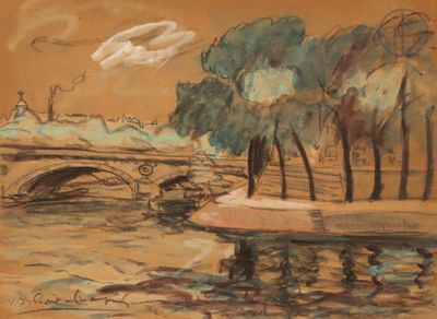 drawing of a painting of a bridge over a river with trees in the background