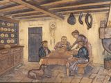 a painting of a group of people sitting around a table