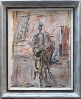 painting of a man sitting on a chair in a room