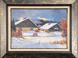 painting of a farm in the snow with a barn in the background