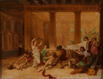 tableau représentant un groupe de personnes dans une pièce