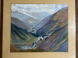 un tableau représentant un train traversant une vallée de montagne