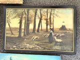 a painting of a woman with sheep in a field