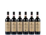 six bottles of red wine lined up in a row