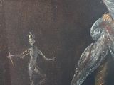 a painting of a woman holding a knife next to a man