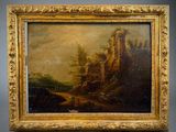 an oil painting of a landscape with a castle in the background