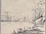 dessin représentant un paysage avec une rivière et des arbres au premier plan