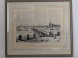 framed drawing of a view of a bridge over a body of water