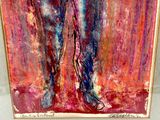 an abstract painting of a man holding a baseball bat in his right hand