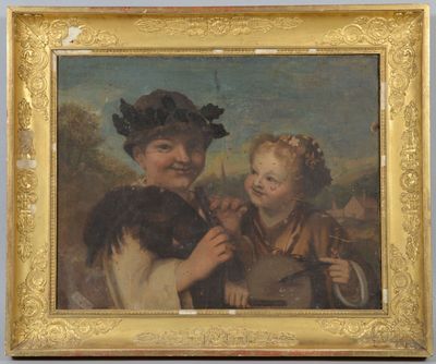 tableau représentant une femme et un enfant accompagnés d'un chien dans un paysage