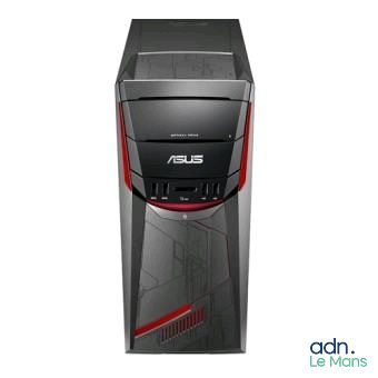 the asus desktop computer has a red and black design on it