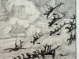drawing of a flock of birds flying through a cloudy sky
