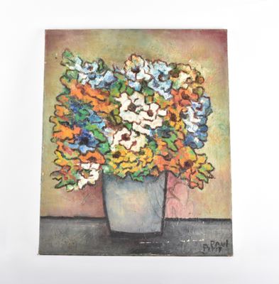 une peinture de fleurs dans un vase sur une table