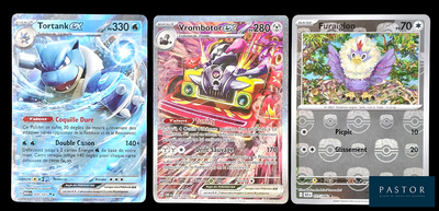 four different pokemon cards are shown in a row on a black background