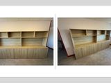 deux photos d'une pièce avec une bibliothèque et une fenêtre