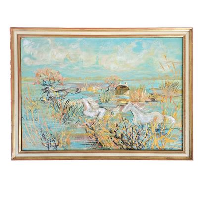 tableau représentant deux chevaux blancs dans un champ au bord d'un plan d'eau
