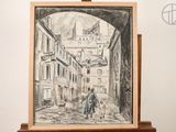 drawing of a street scene with a man and a woman walking down the street