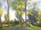 un tableau représentant un homme à cheval dans les bois