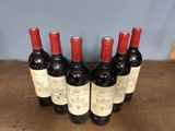 six bottles of red wine are lined up on a wooden table
