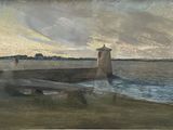 an oil painting of a lighthouse on the shore of a body of water